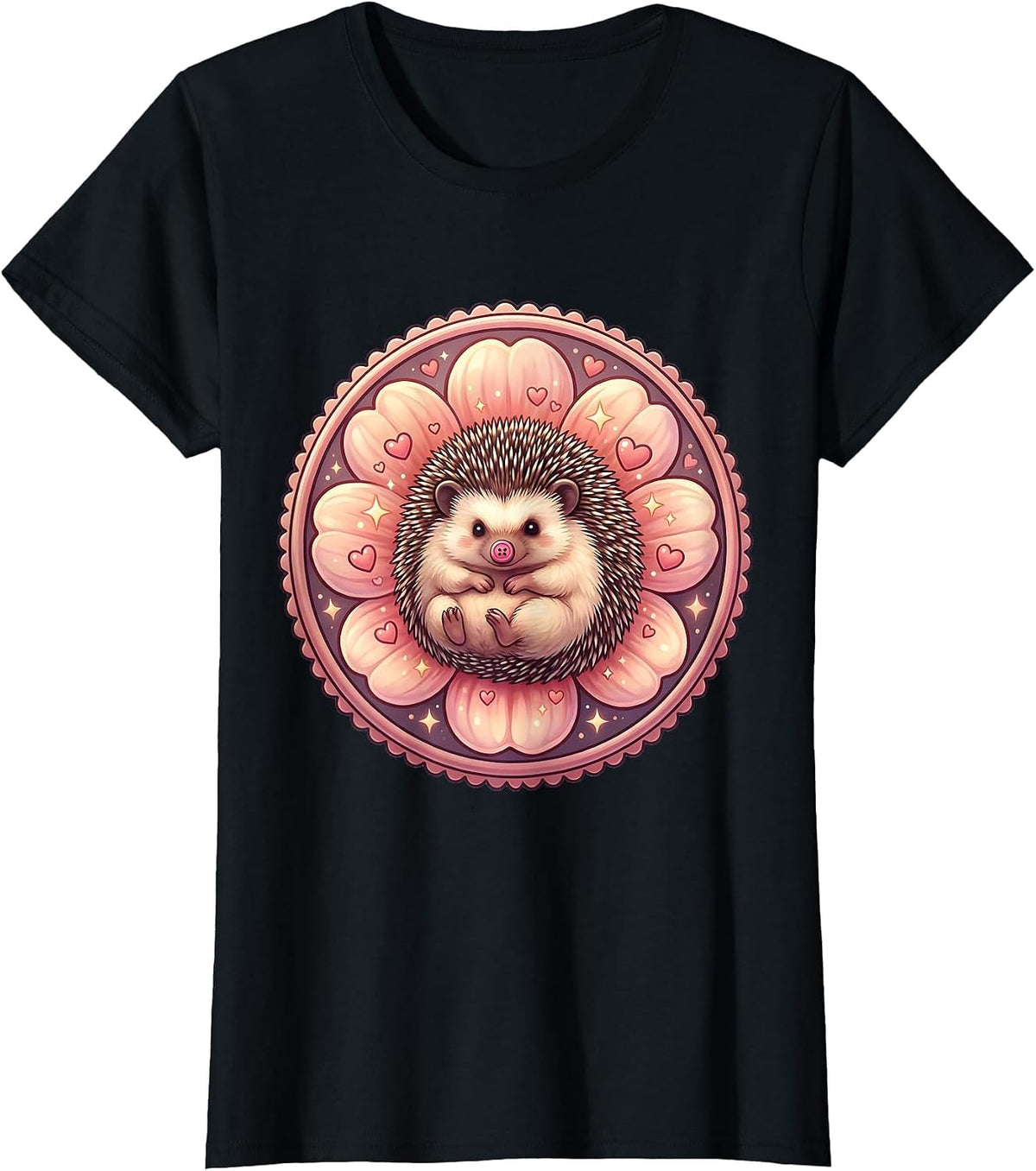 Kawaii Hedgehog in a Flower Bloom Cute Nature Art T-Shirt - Black