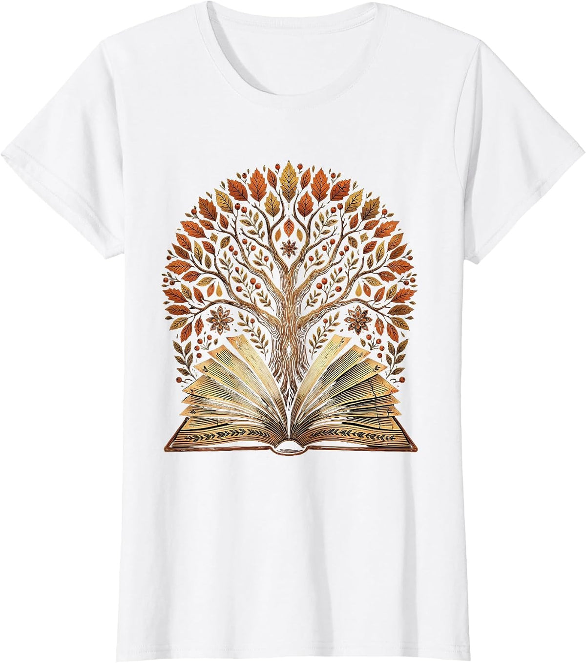Fall Teacher Open Book Tree Growing Illustration T-Shirt - White