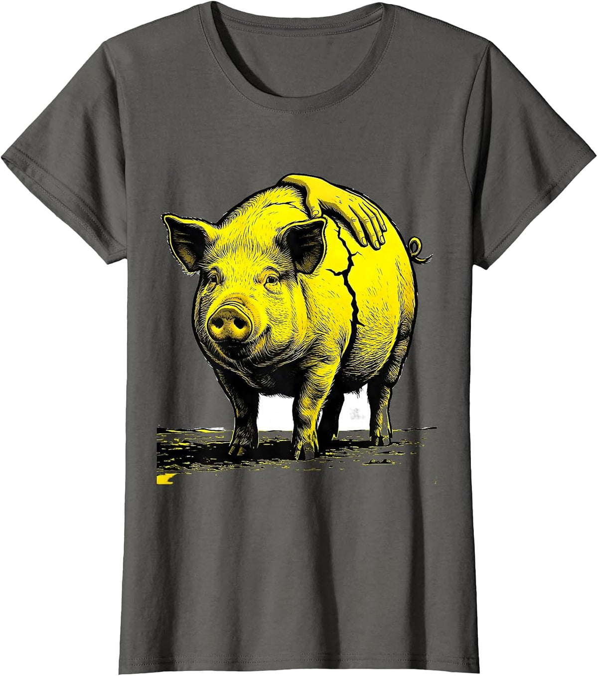 Women's Oversized Pig Stencil Farm Animal Lover Gift T-Shirt - Asphalt Grey