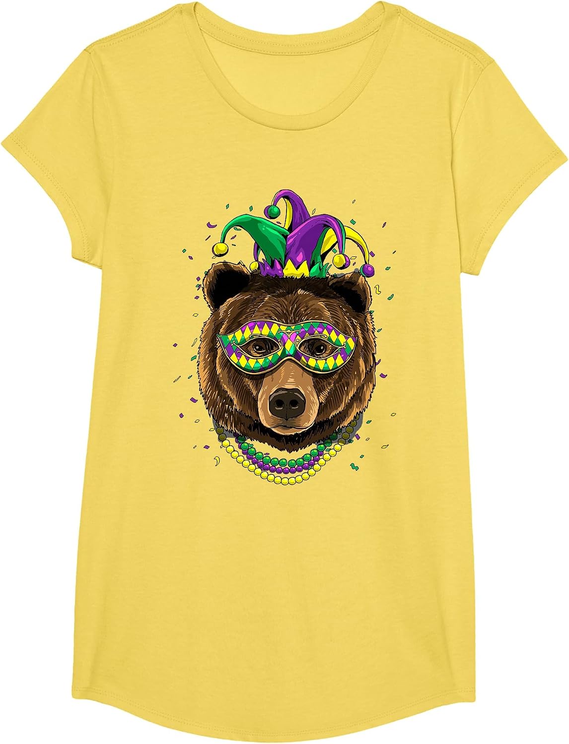 Bear Animal Lover Cute Mardi Gras Carnival Jester T-Shirt, Girls, Lemon Yellow, Medium - As Pictured