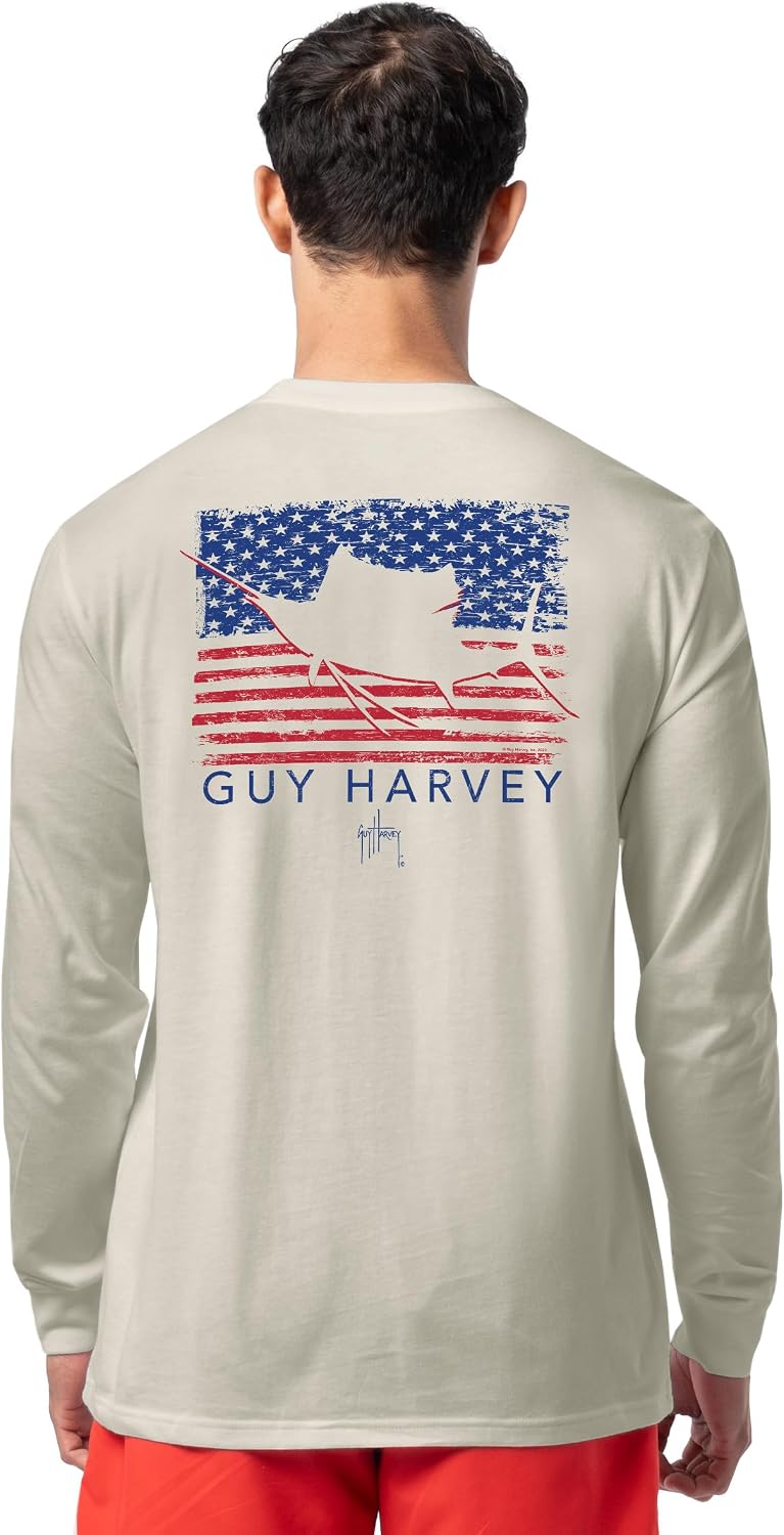 Guy Harvey Men’s Long Sleeve Lightweight Cotton Fishing Graphic T-Shirt - Bone White\/Glory Sail