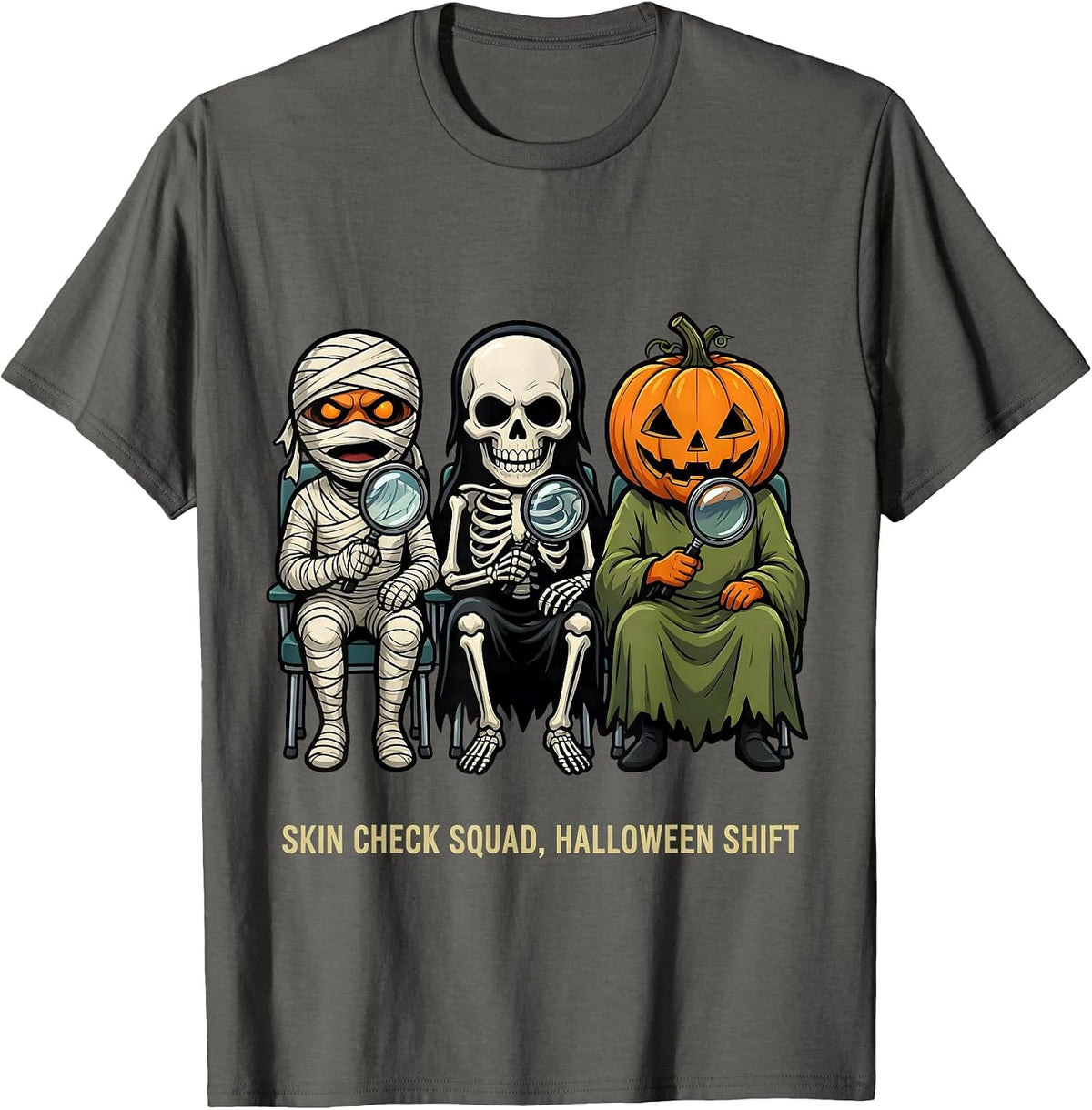 Skin Check Squad Halloween Shift Cartoon Dermatology Humor T-Shirt - Asphalt Grey