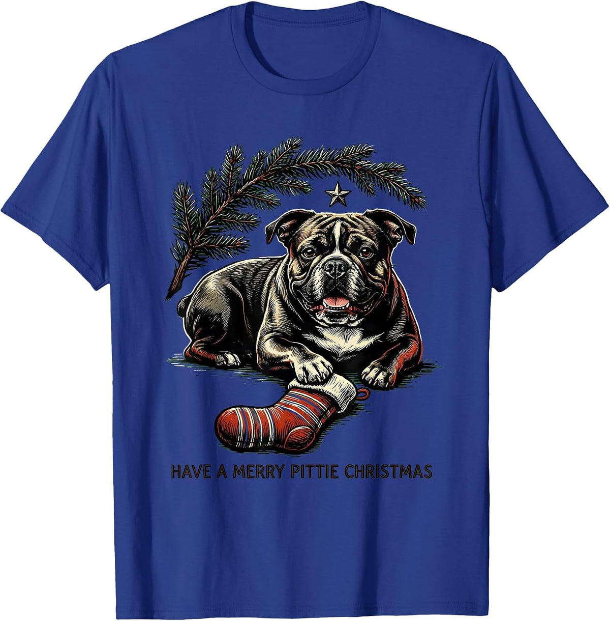 Have A Merry Pittie Christmas Funny Pitbull Lover Linocut T-Shirt - Royal Blue