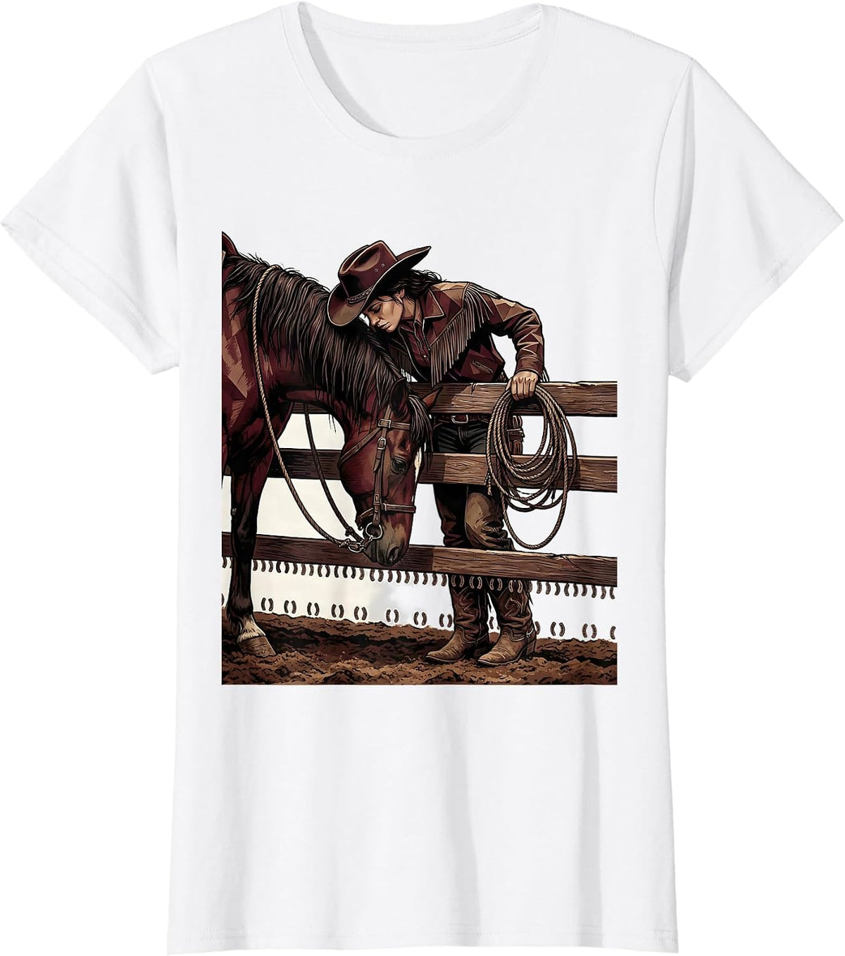 Women's Black Cowgirl Horse Rodeo Pride Western Pride Illustration T-Shirt - White