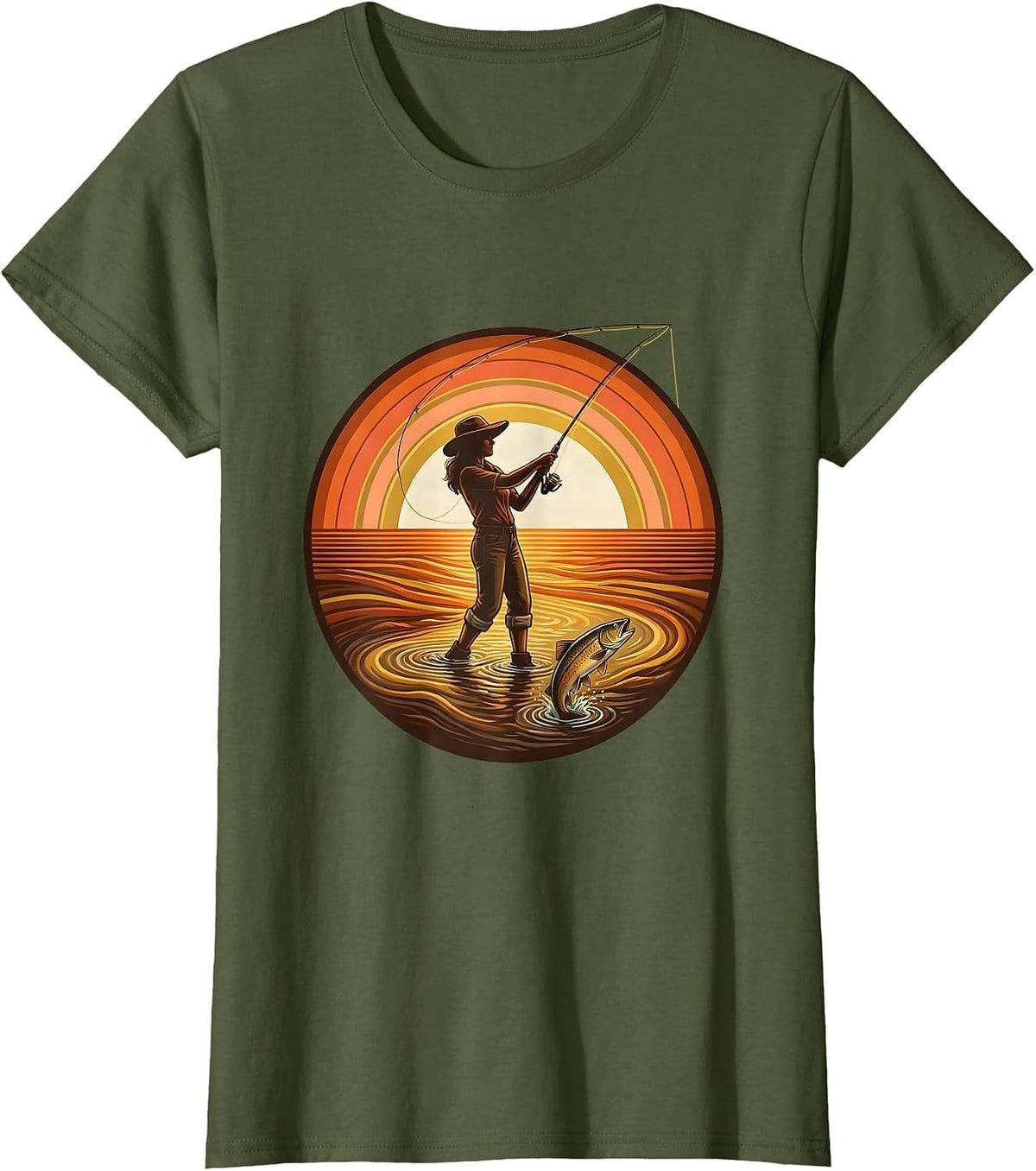 Women's Fly Fishing Wading Stream Catching Trout Graphic T-Shirt - Olive Green