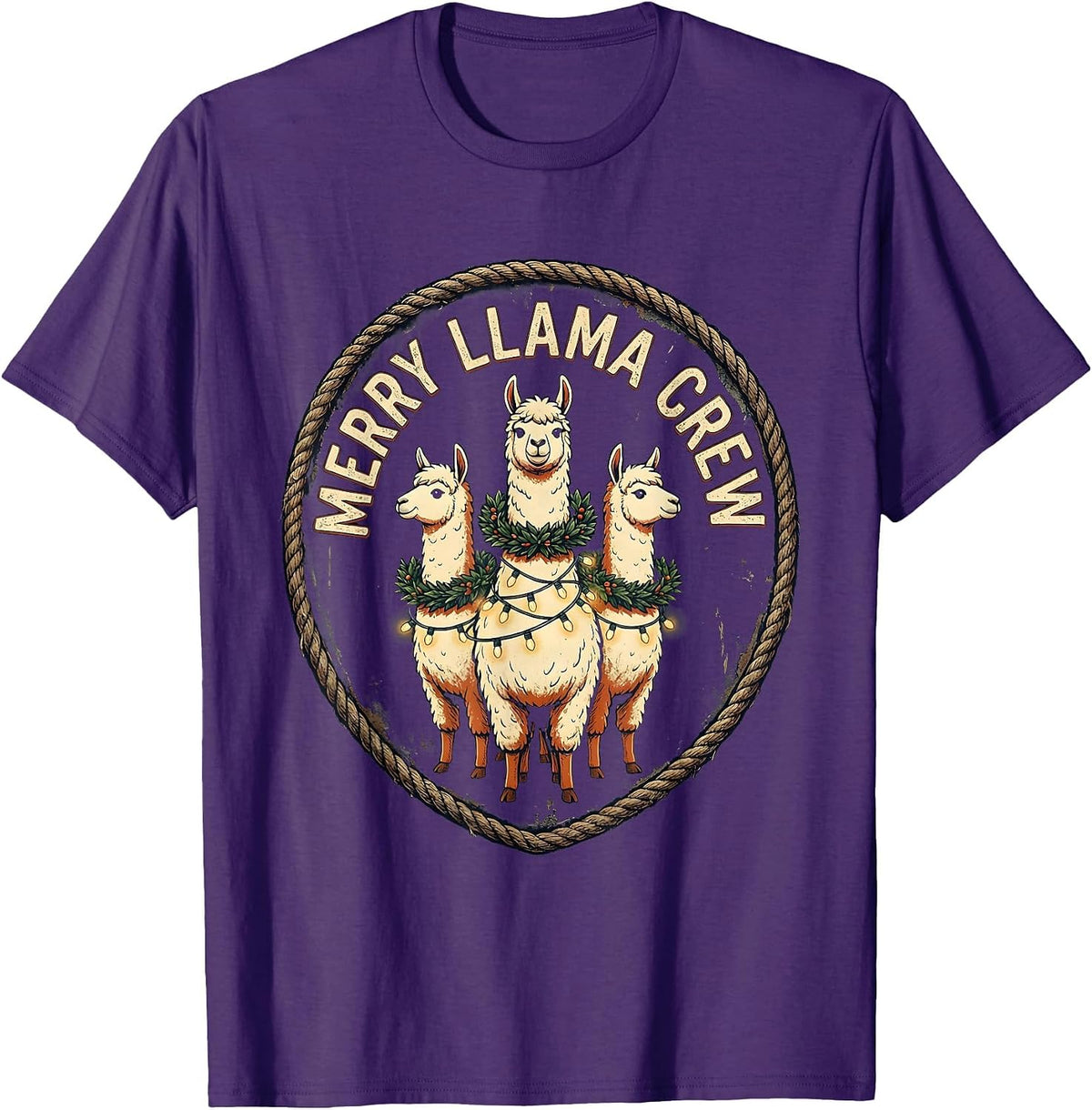 Merry Llama Crew Vintage Funny Llama Lover Christmas T-Shirt - Purple