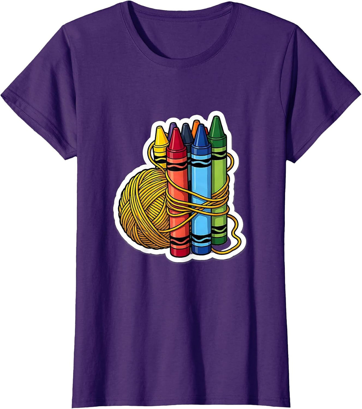 Women's Preschool Teacher Yarn and Crayon Graphic Tee T-Shirt - Purple