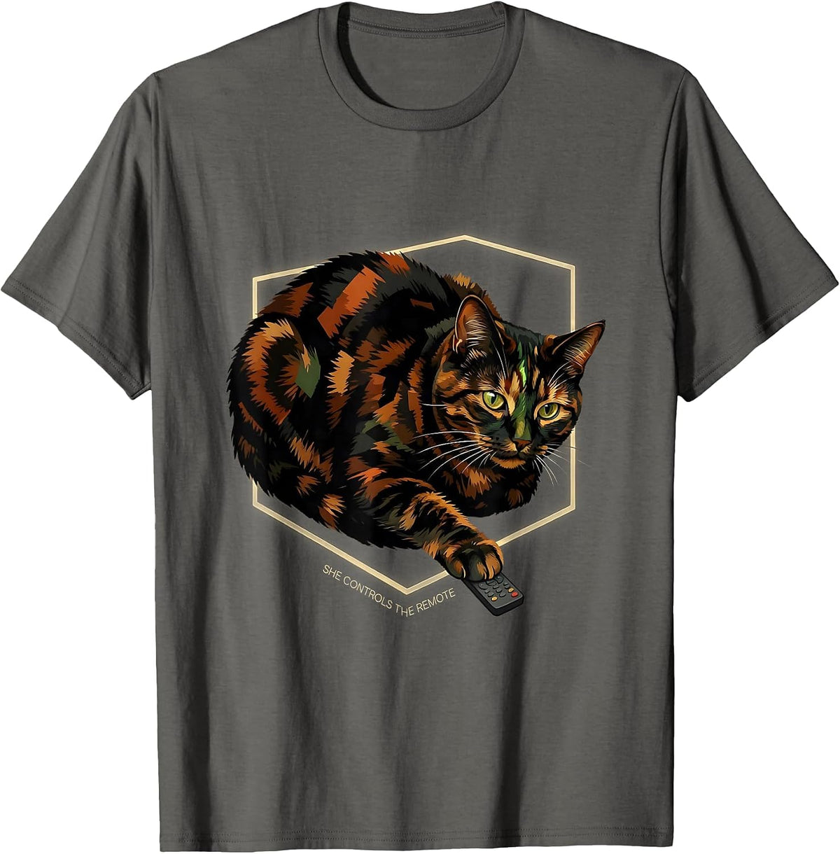 She Controls The Remote Funny Tortie Cat Owner Humor T-Shirt - Asphalt Grey