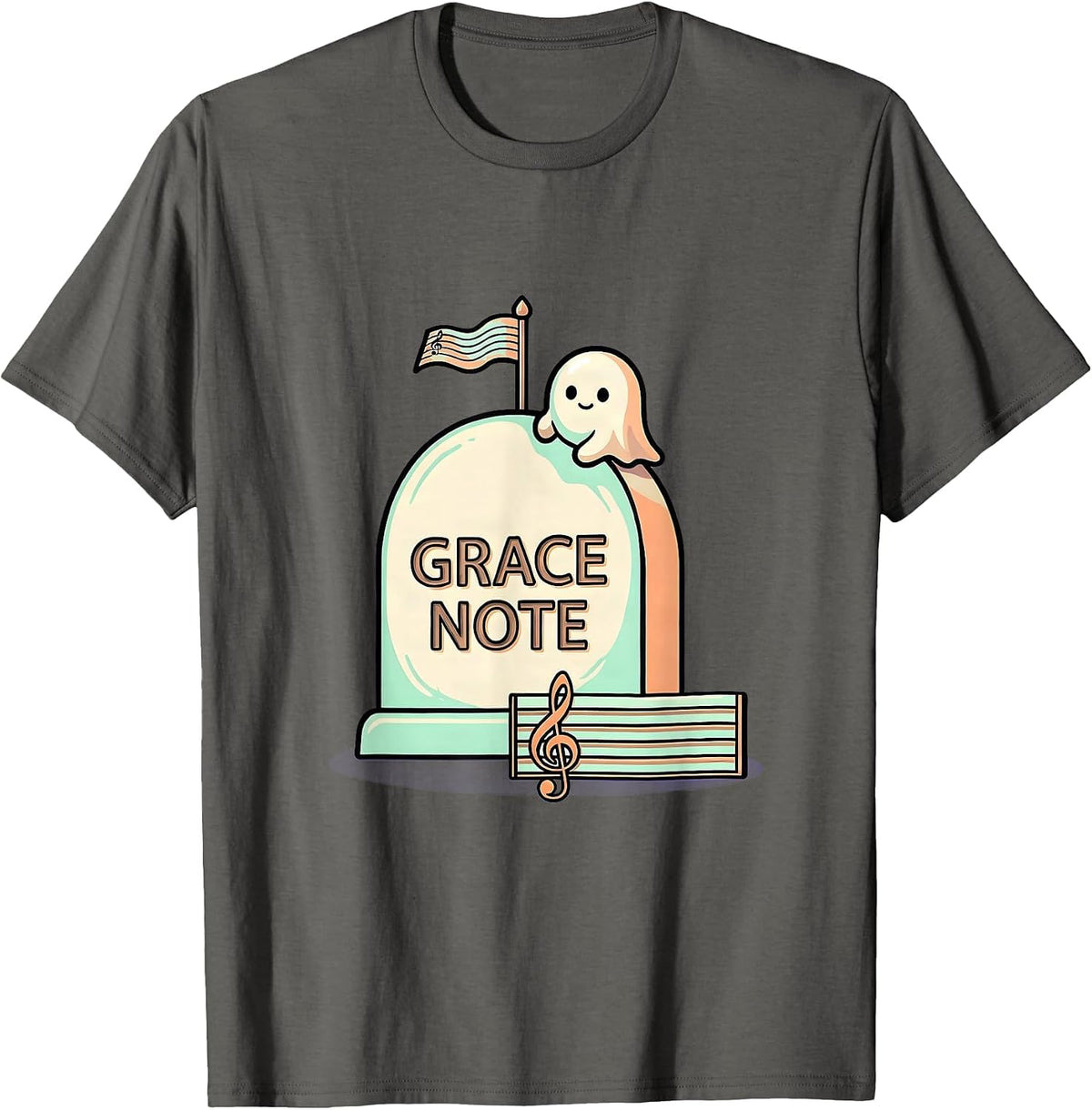 Grace Note Cute Kawaii Ghost Music Teacher Halloween Humor T-Shirt - Asphalt Grey