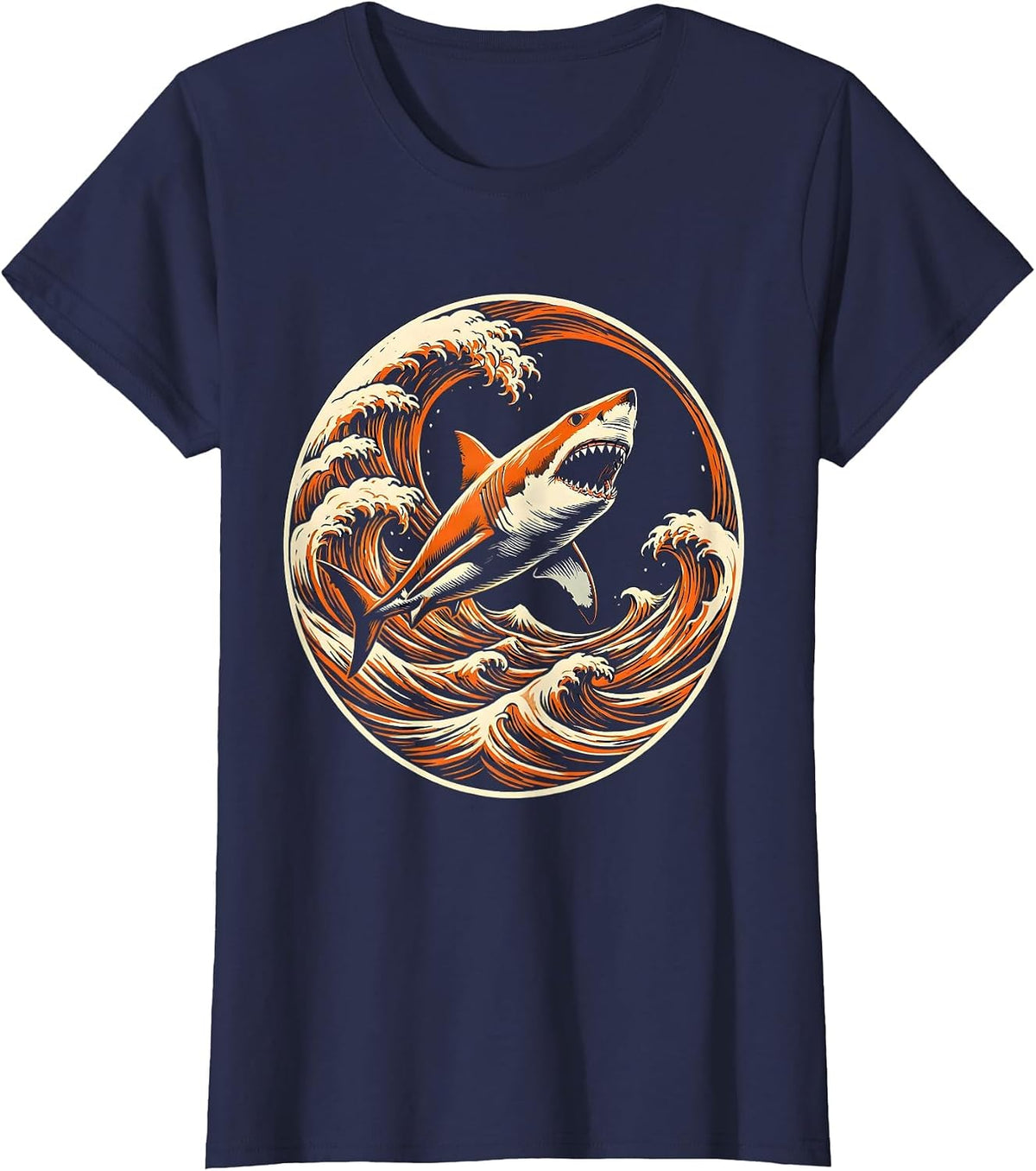 Women's Aggressive Shark Cutting Through Ocean Waves T-Shirt - Navy Blue