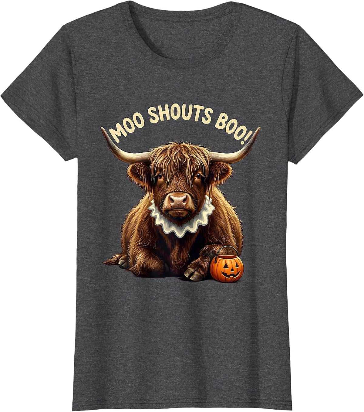 Women's Moo Shouts Boo! Funny Highland Cow Fall Halloween Pun T-Shirt - Dark Heather Grey
