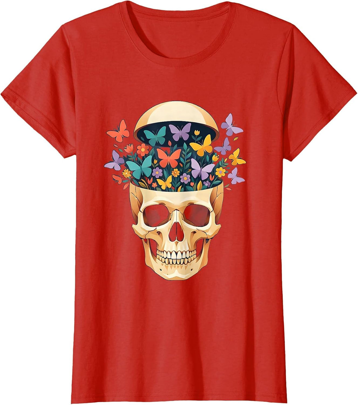 Colorful Butterfly Mind Open Skull Garden Art T-Shirt - Red
