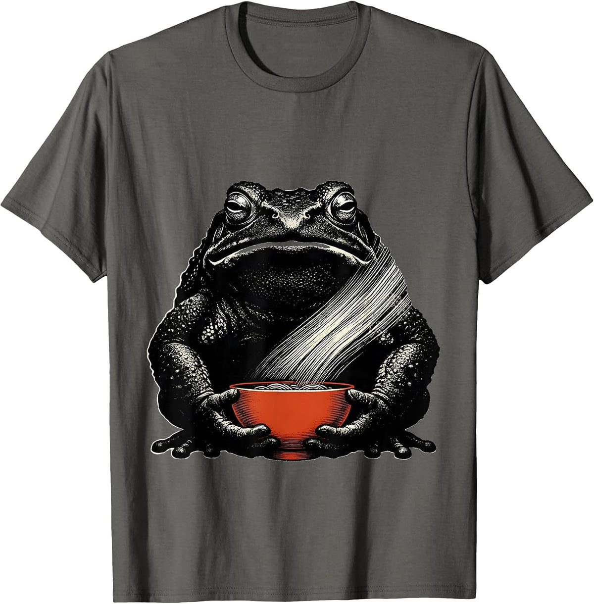 Grumpy Frog Ramen Bowl Scratchboard Ink-Art Humor T-Shirt - Asphalt Grey