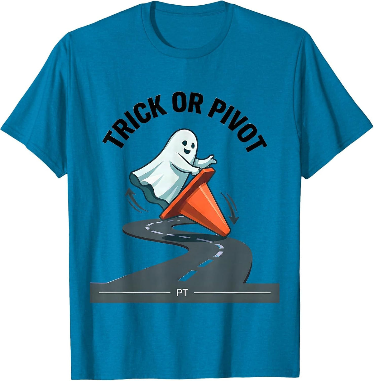 Trick Or Pivot PT Funny Physical Therapy Halloween Ghost T-Shirt - Sapphire Blue