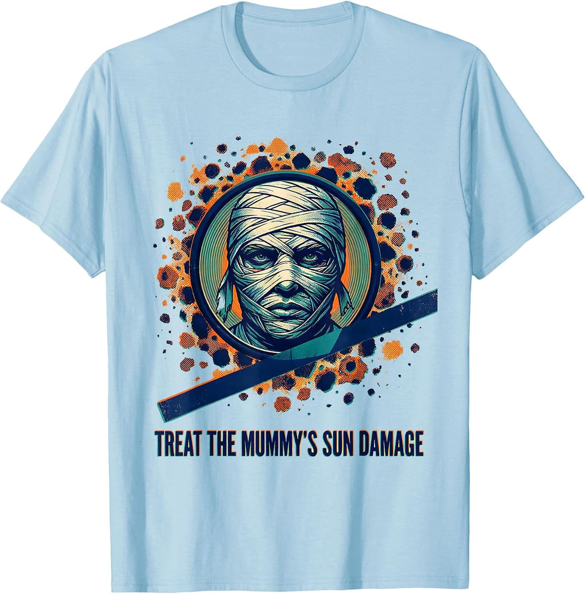Men's Treat The Mummy's Sun Damage Risograph Halloween Dermatology T-Shirt - Baby Blue