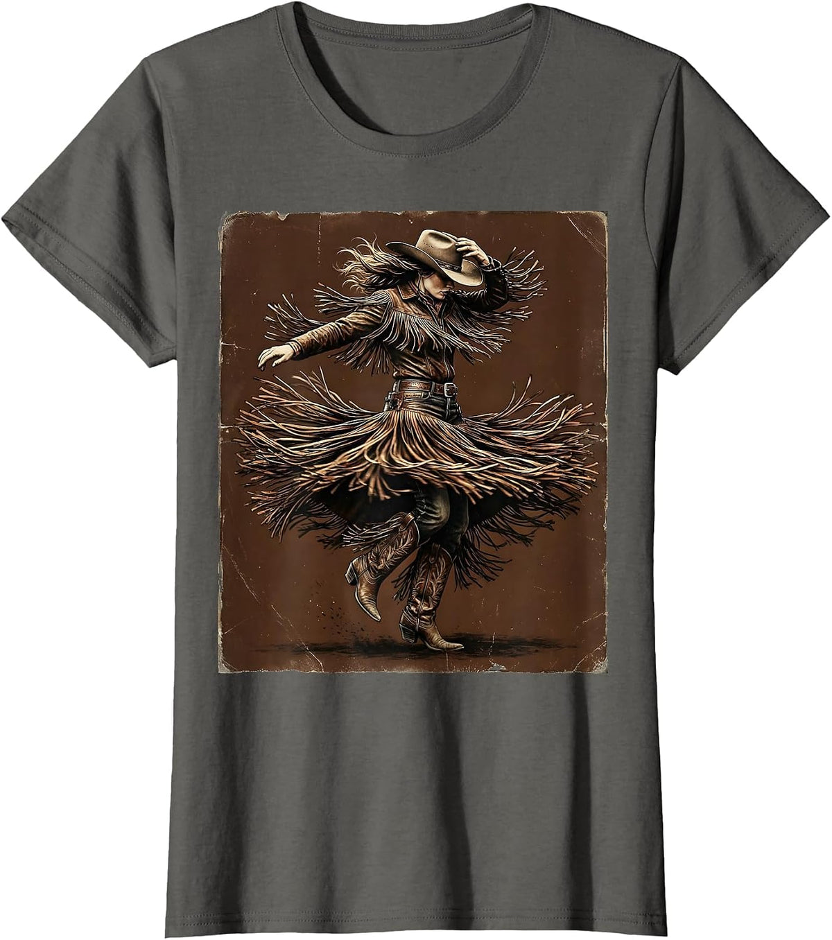 Women's Cowgirl Rodeo Spin Flying Fringe Graphic Tee T-Shirt - Asphalt Grey