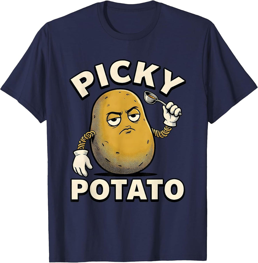 Picky Potato Retro Cartoon Funny Couples Thanksgiving T-Shirt - Navy Blue