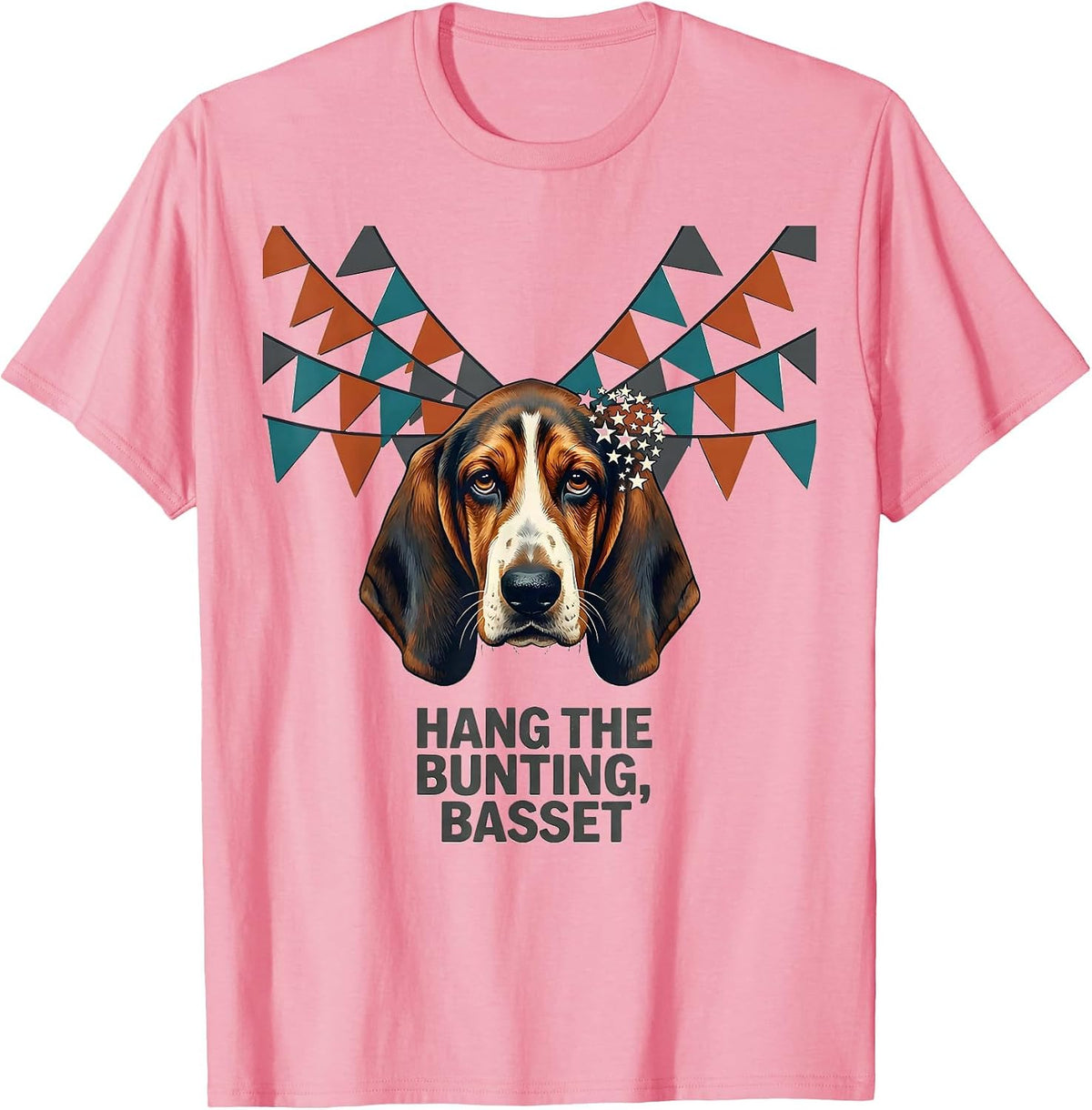 Men's Hang The Bunting, Basset Midcentury Modern Patriotic Dog T-Shirt - Pink