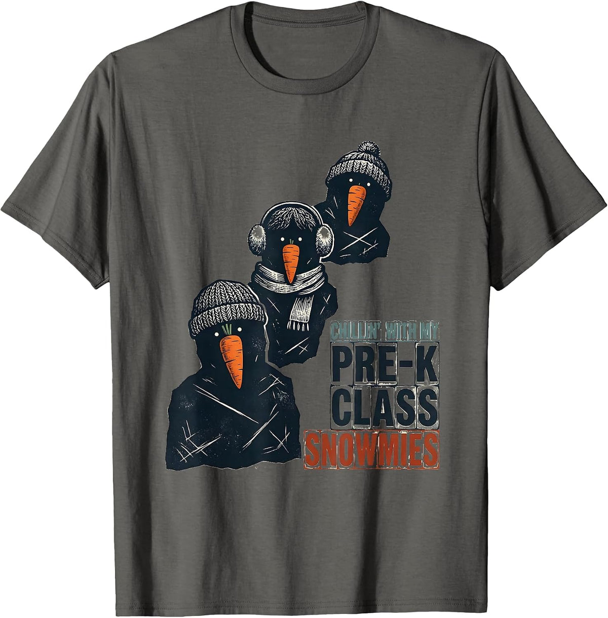Chillin With My Pre-K Class Snowmies Funny Teacher Christmas T-Shirt - Asphalt Grey