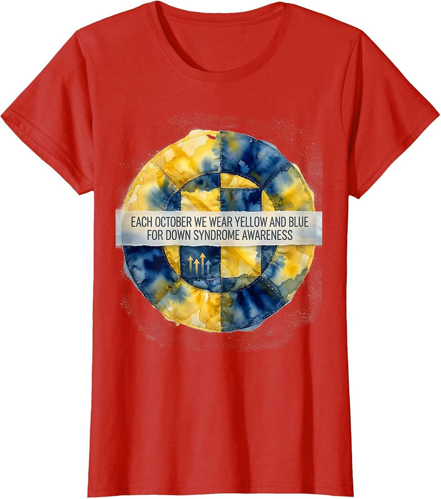 Women's Each October We Wear Yellow Blue Down Syndrome Awareness T-Shirt - Red