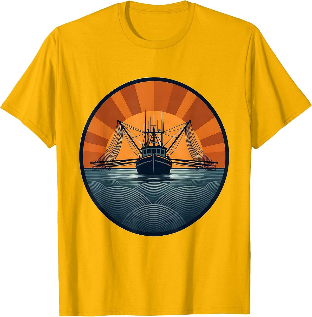 Gulf of America Shrimper Silhouette Sunset T-Shirt - Golden Yellow