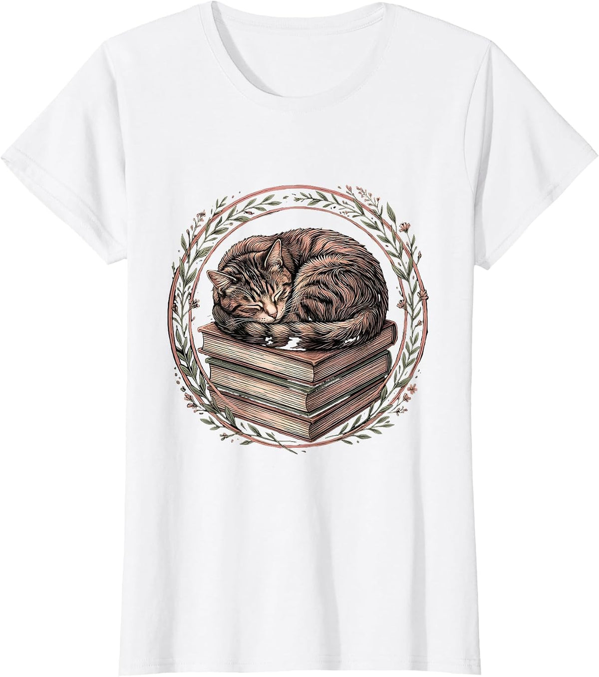Sleeping Cat on Books Cozy Reading Illustration T-Shirt - White
