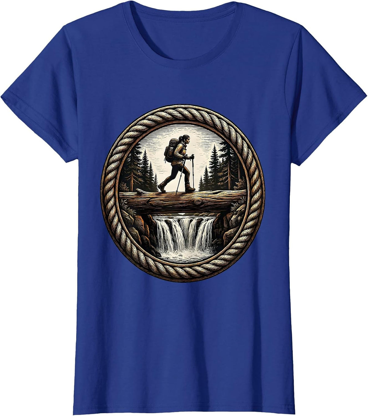 Women's Hiker Crossing Log Bridge Over Waterfall T-Shirt - Royal Blue