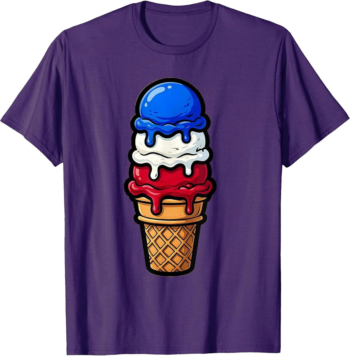 Red White and Blue Ice Cream Cone Graphic T-Shirt - Purple