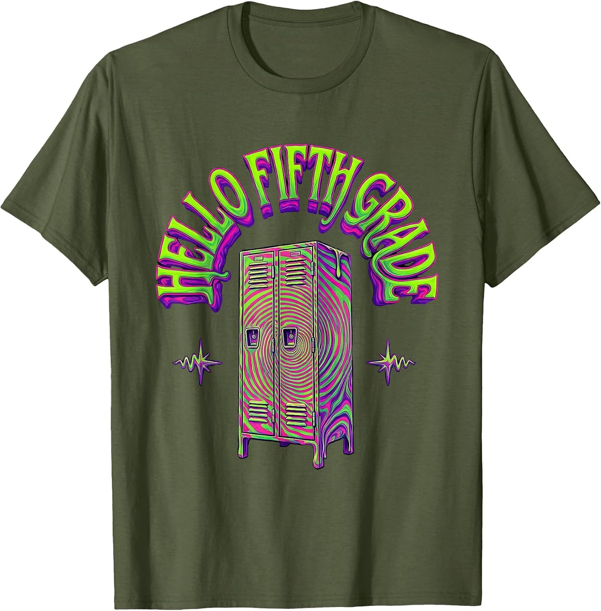 Men's Hello Fifth Grade Psychedelic Back To School 5th Grade T-Shirt - Olive Green
