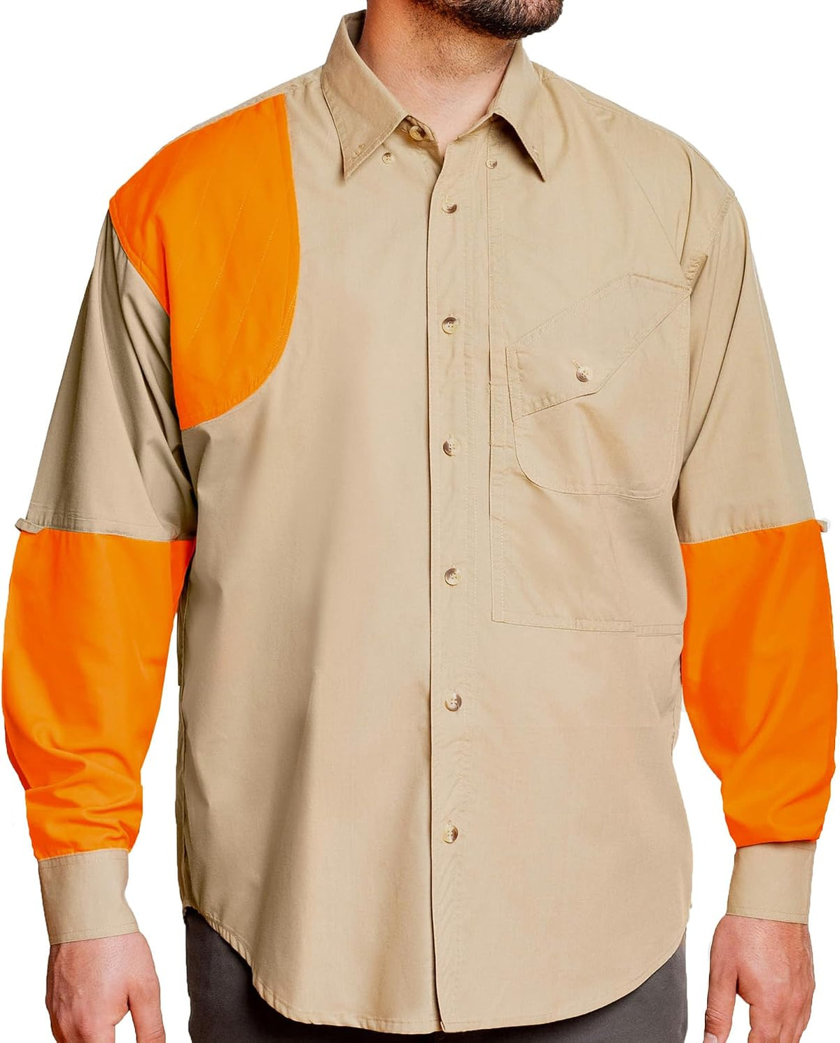 Upland Hunting Shooter Shirt Long Sleeves for Men, 52% Cotton 48% Poly,Tactical Side Pocket,Angled Front Pocket - Khaki Blaze