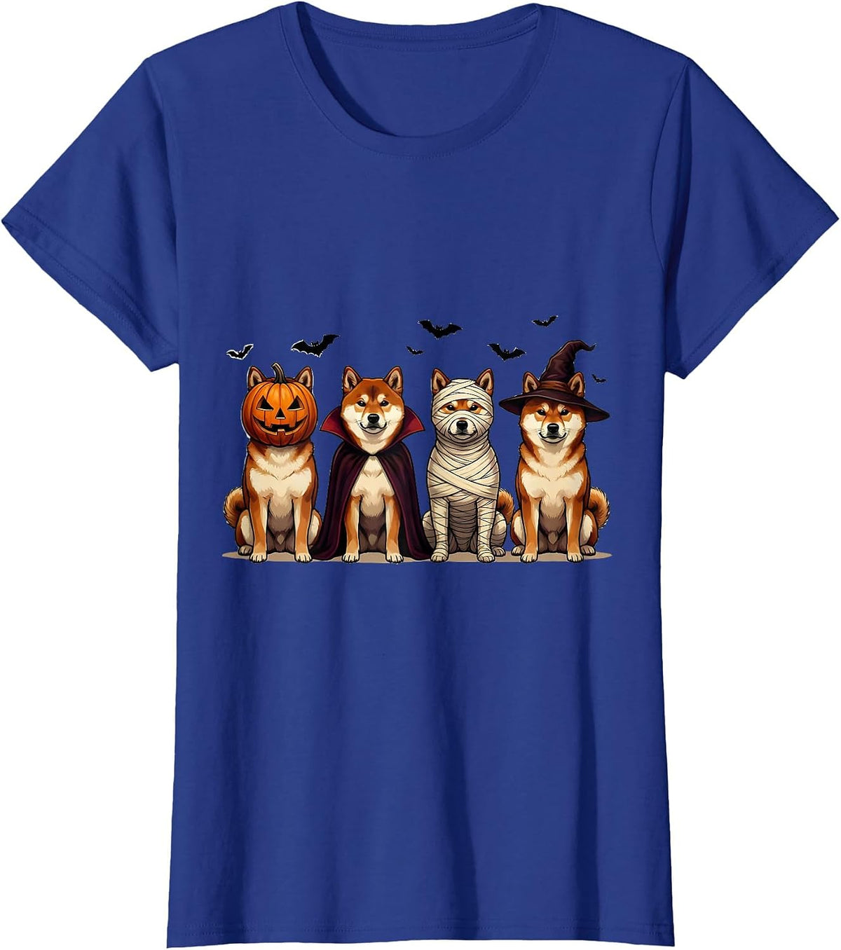 Women's Halloween Shiba Inu Squad Pumpkin Vampire Mummy Witch Dog T-Shirt - Royal Blue