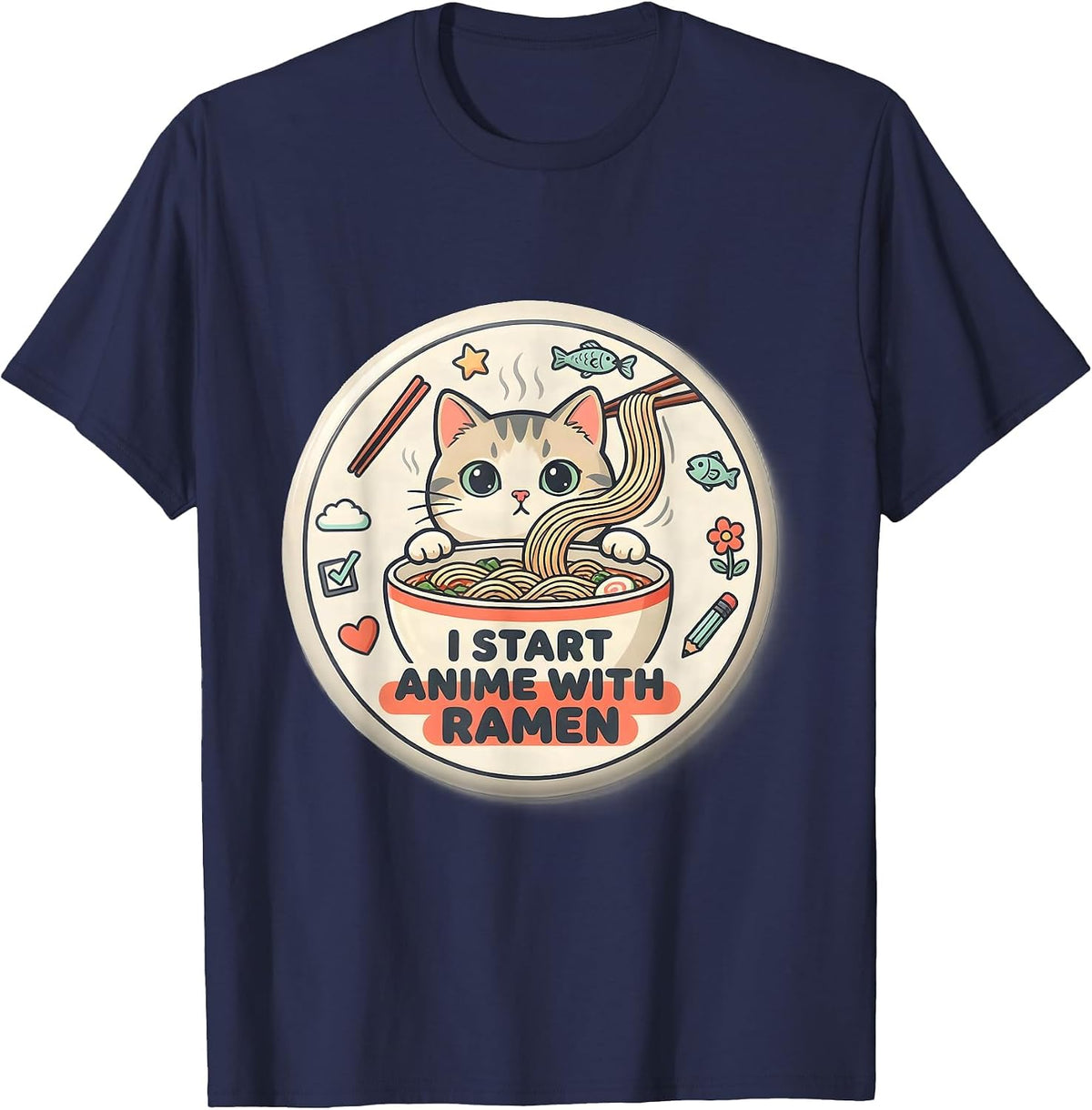 Men's I Start Anime With Ramen Kawaii Cat Ramen Anime Gift T-Shirt - Navy Blue