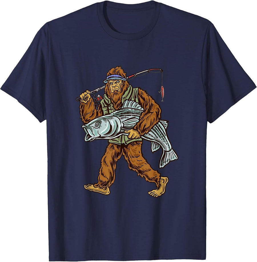 Striper Fishing Bigfoot Striped Bass Fishermen T-Shirt - Navy Blue