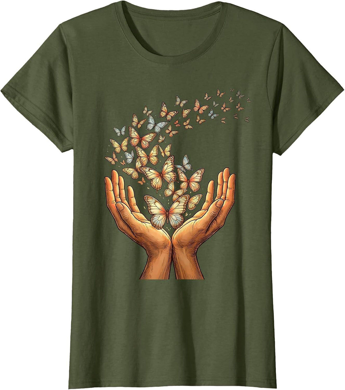 Women's Down Syndrome Awareness Butterfly Release Design T-Shirt - Olive Green