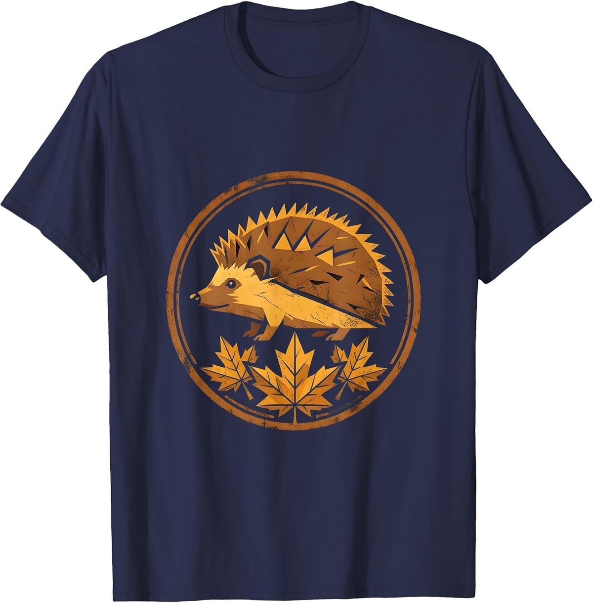 Men's Hedgehog in Autumn Leaves Fall Illustration T-Shirt - Navy Blue