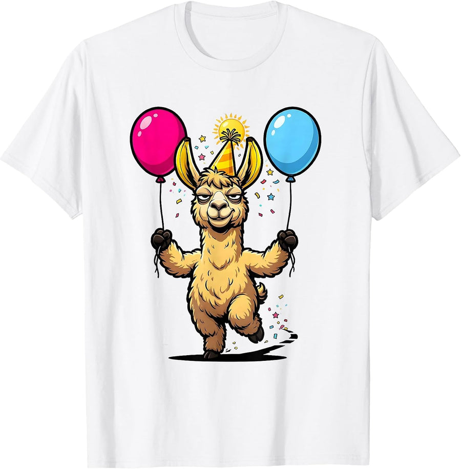 Men's Llama Party Hat Cartoon Funny Animal Lover Gift T-Shirt - White