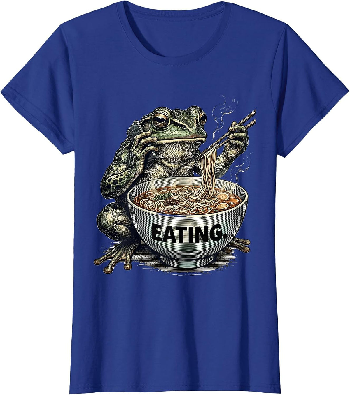 Women's Eating Grumpy Frog Eat Ramen and Scroll Phone Japanese Art T-Shirt - Royal Blue