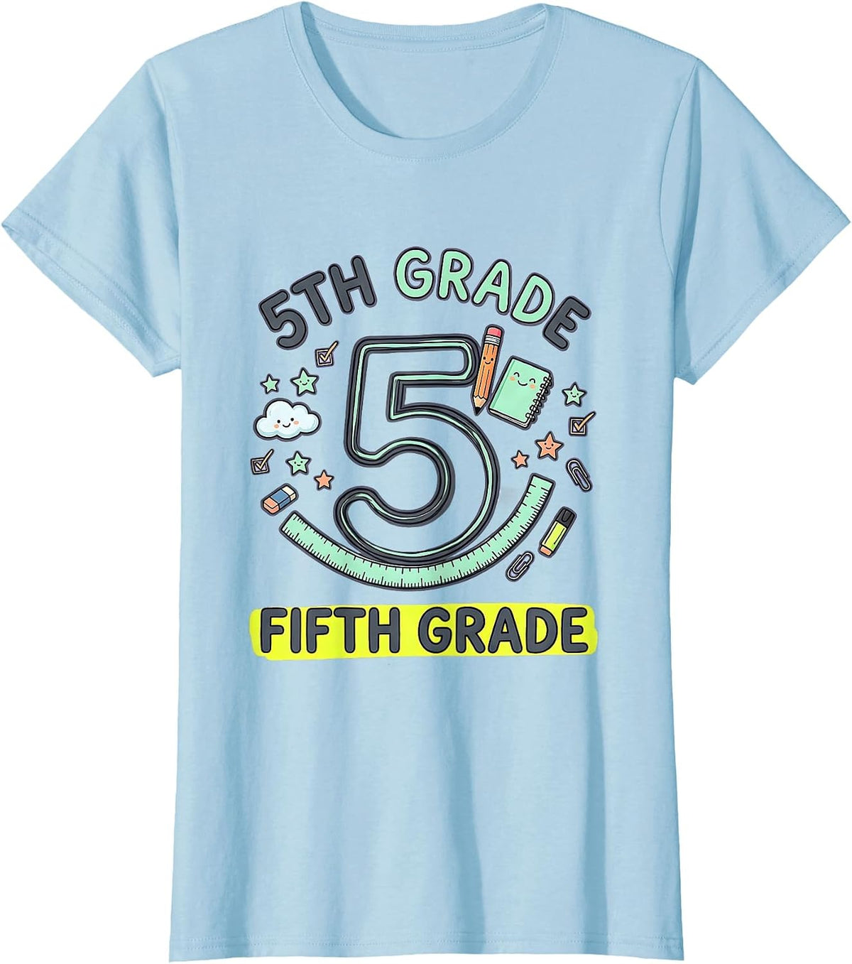 Women's 5TH GRADE FIFTH GRADE Kawaii Stationery Doodle Back T-Shirt - Baby Blue