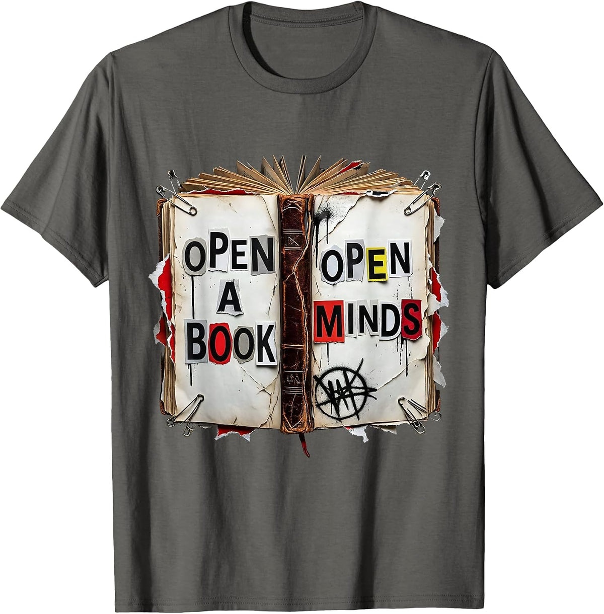 Men's Open a Book Open Minds Reading Teacher Design T-Shirt - Asphalt Grey