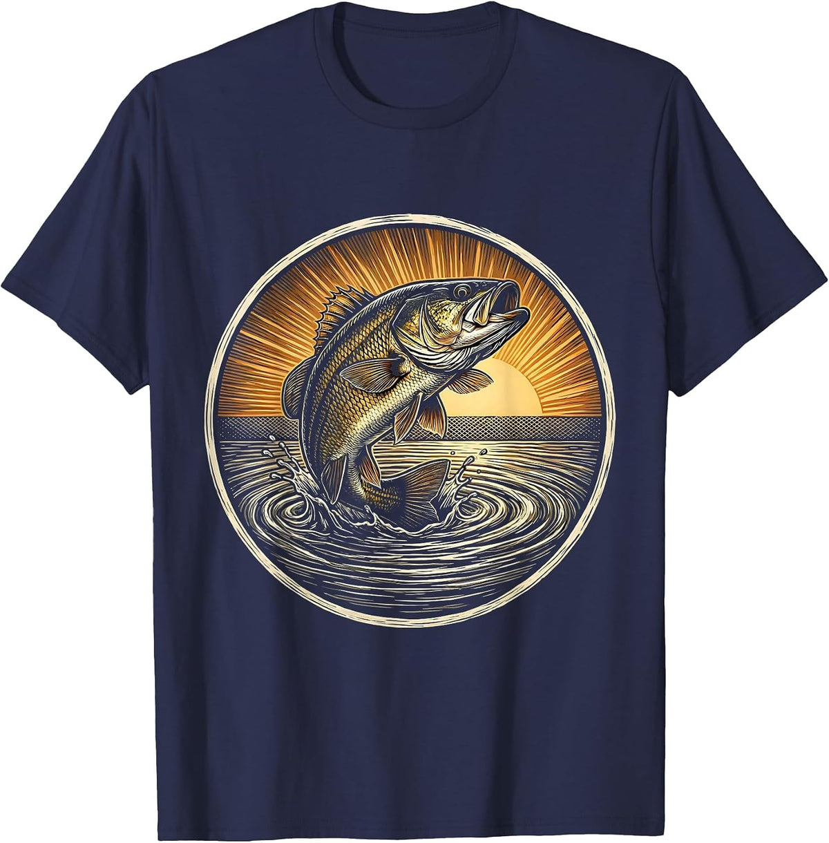 Bass Breaking Water Surface at Dusk Fishing T-Shirt - Navy Blue