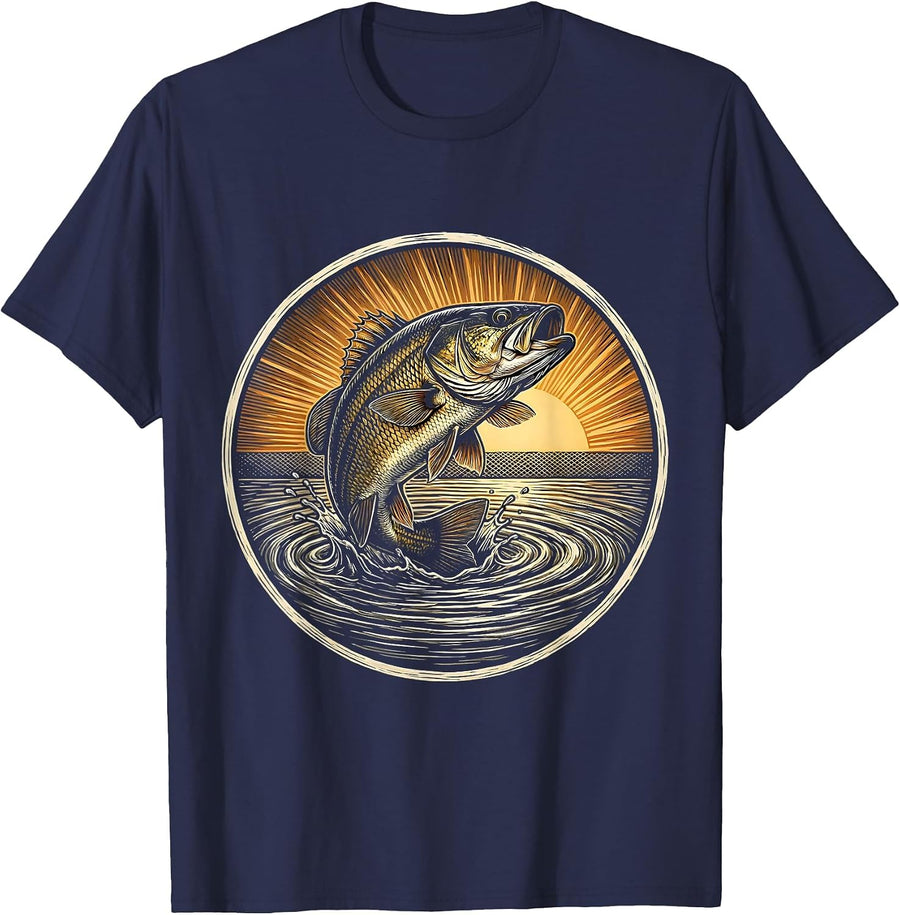 Bass Breaking Water Surface at Dusk Fishing T-Shirt - Navy Blue