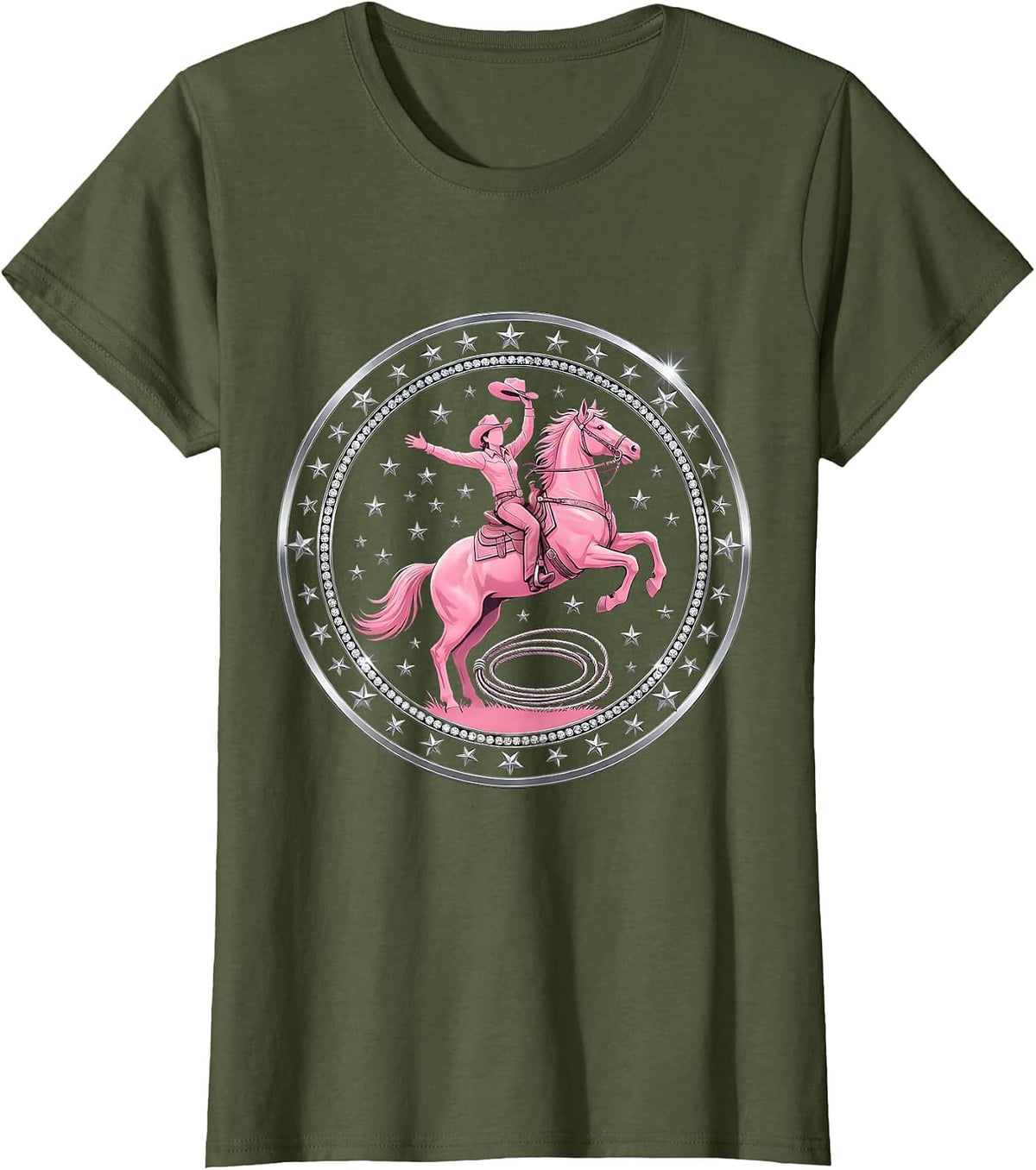 Women's Cowgirl Bareback Jump Western Rodeo Graphic T-Shirt - Olive Green