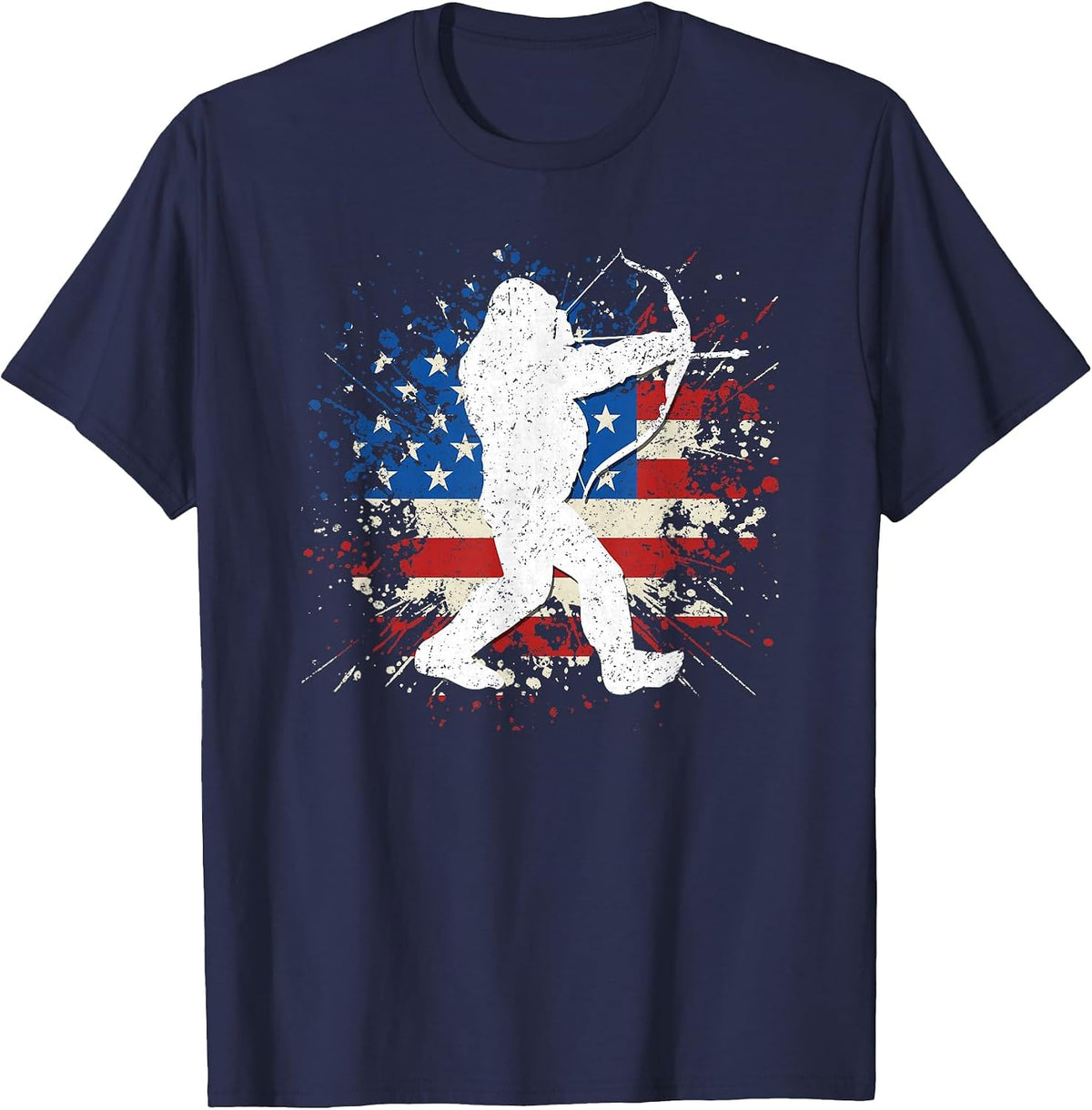 Bigfoot Bow Hunting Archery American Flag Sasquatch Hunter T-Shirt - Navy Blue