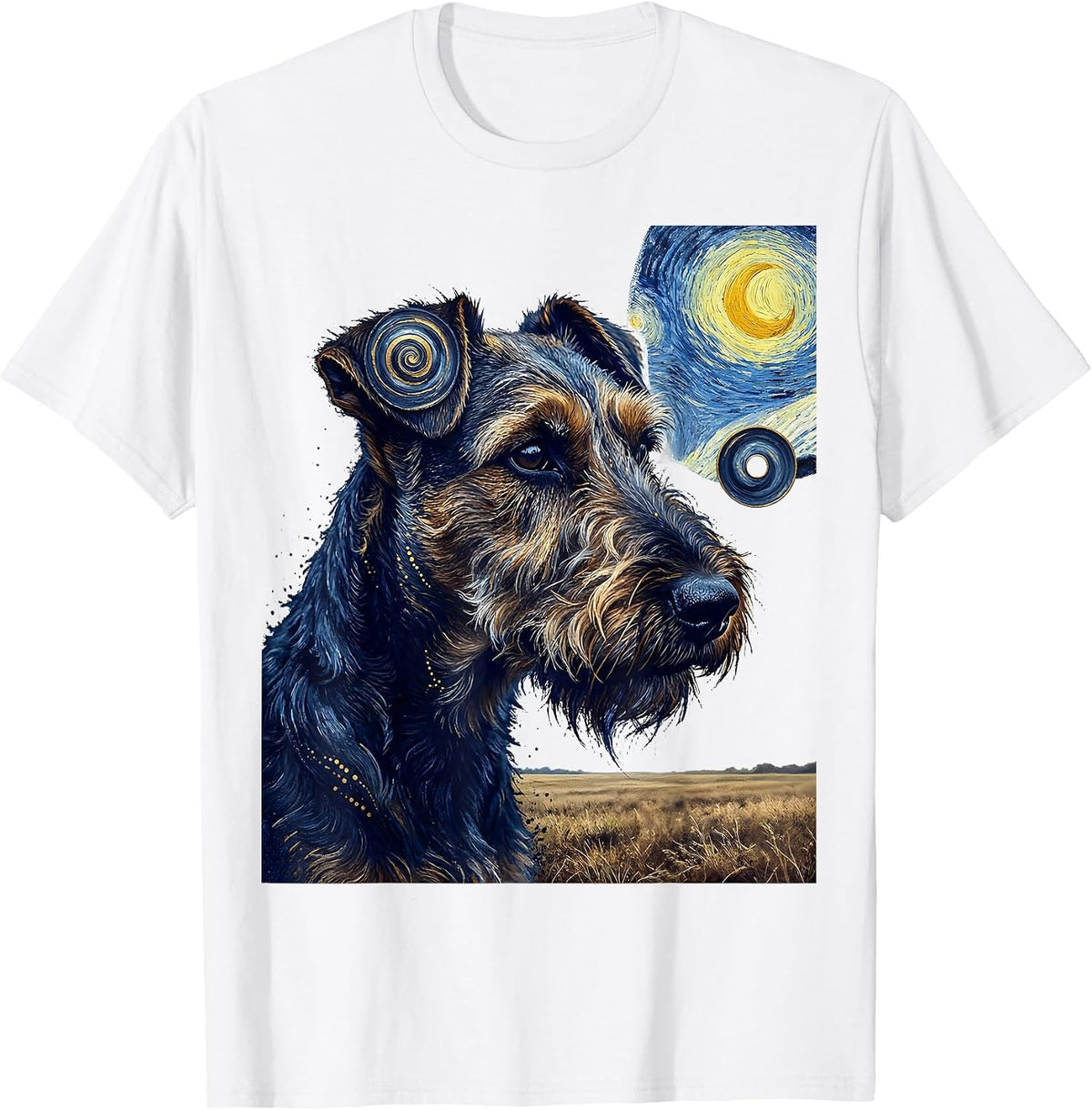 Men's Airedale Terrier Van Gogh Starry Night Breed Portrait T-Shirt - White