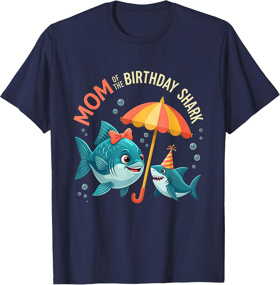 Mom Of The Birthday Shark Funny Family Matching Party T-Shirt - Navy Blue