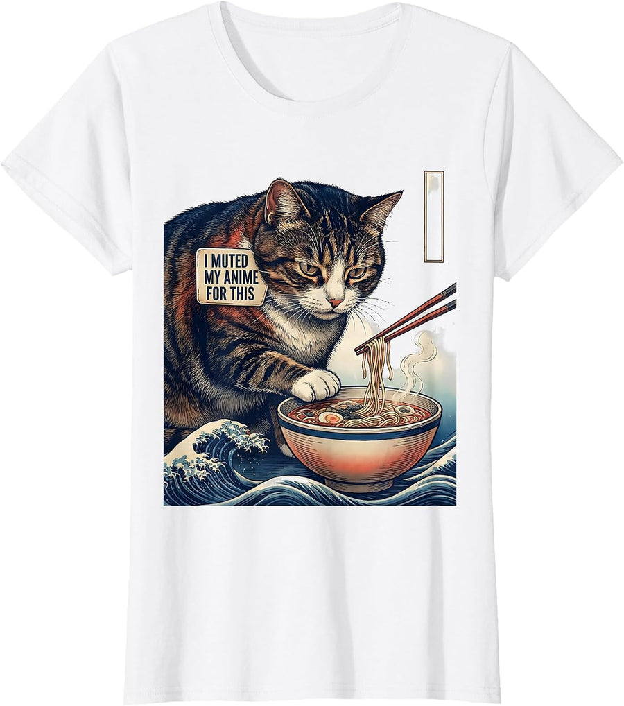Women's I Muted My Anime For This Funny Ukiyo-e Cat Ramen Gift T-Shirt - White