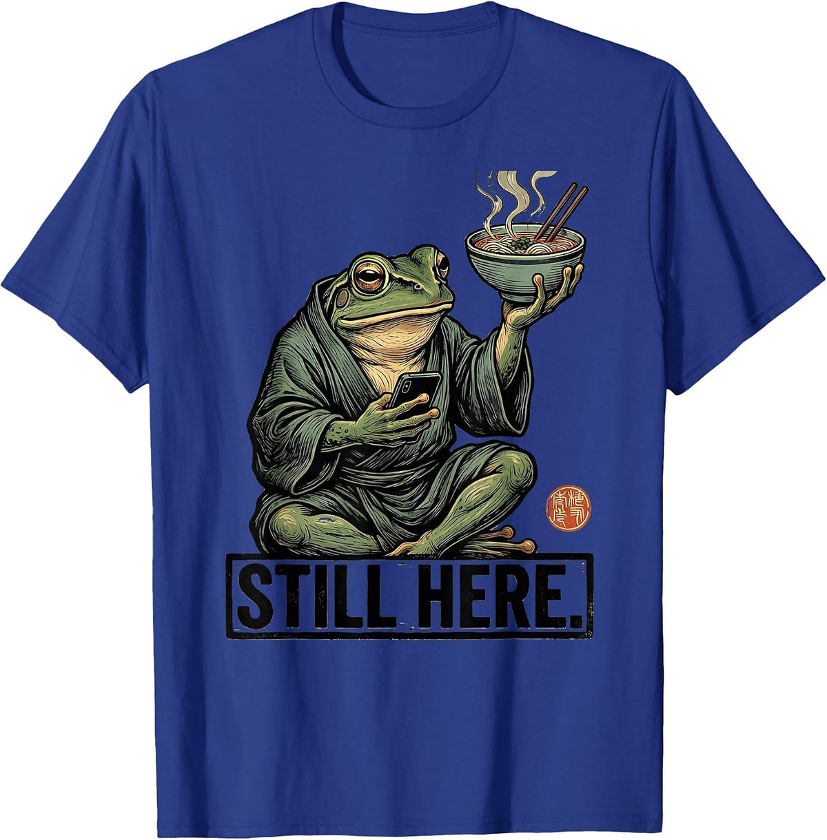Still Here Grumpy Frog Ukiyo-e Ramen Humor Japanese Art T-Shirt - Royal Blue