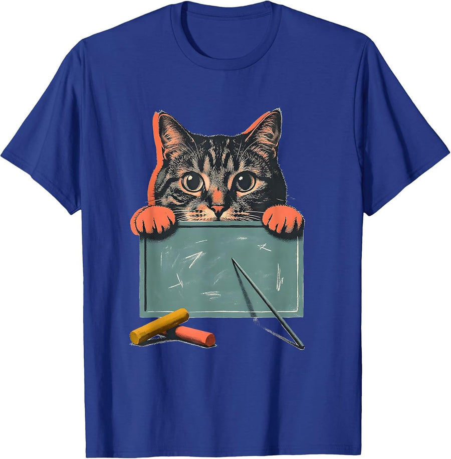 Cute Kawaii Cat Peeking Chalkboard Cat Lover Gift T-Shirt - Royal Blue