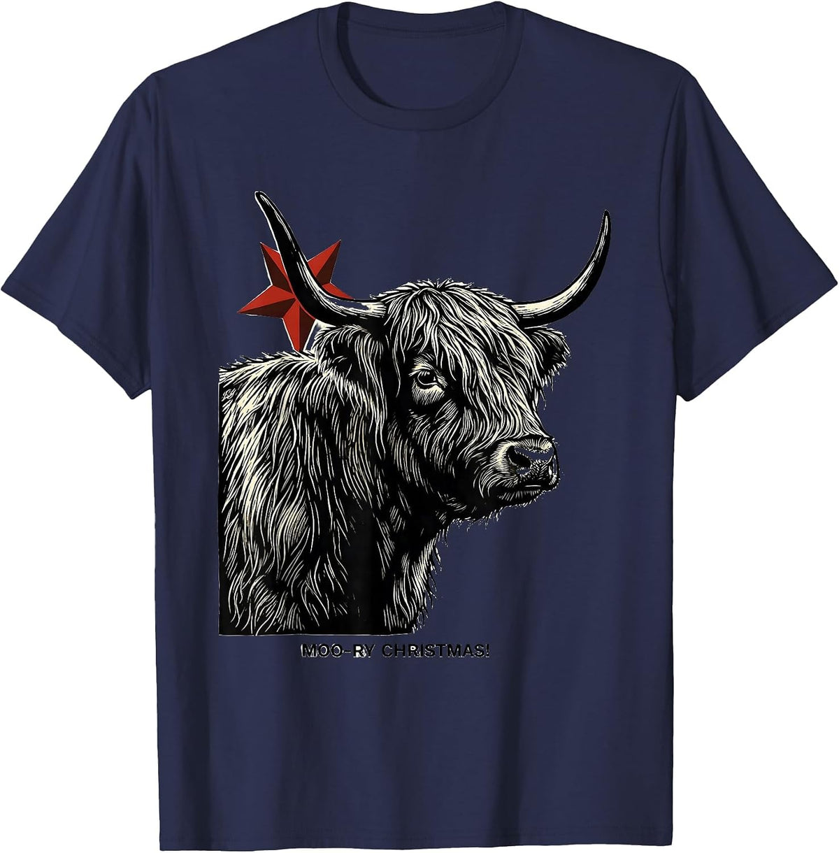 Men's Moo-ry Christmas! Linocut Highland Cow Seasonal Holiday T-Shirt - Navy Blue