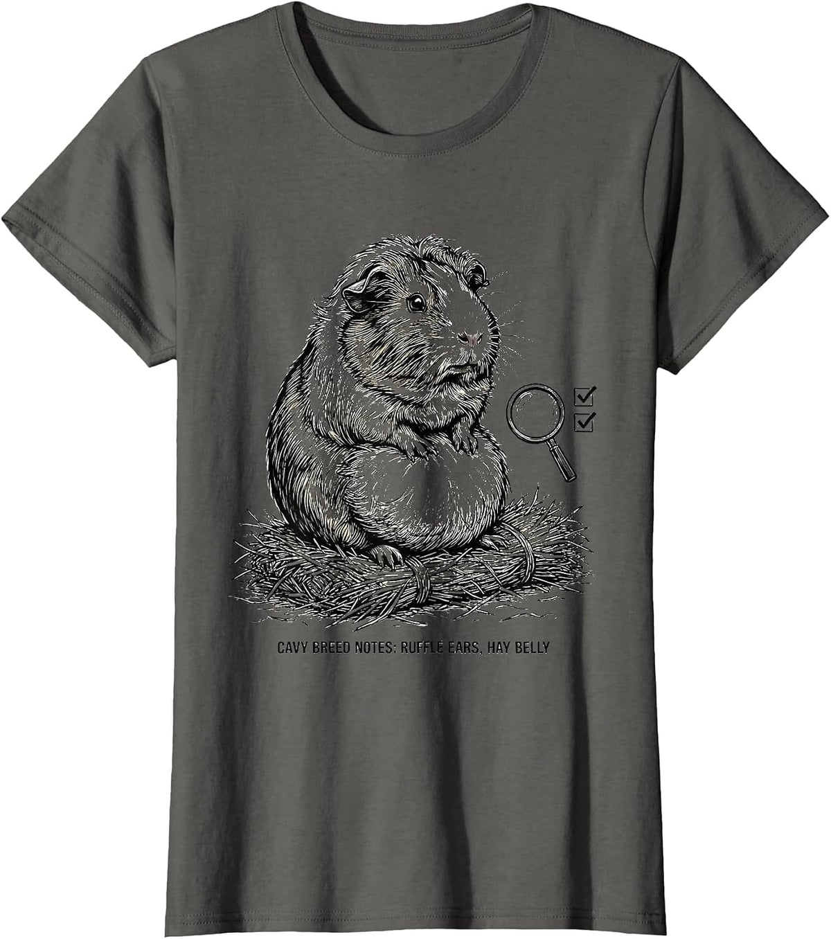 Women's Cavy Breed Notes: Ruffle Ears, Hay Belly Funny T-Shirt - Asphalt Grey